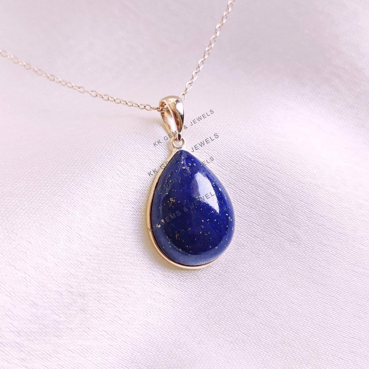 14K Solid Yellow Gold Natural Lapis Lazuli Pear Pendant, September Birthstone