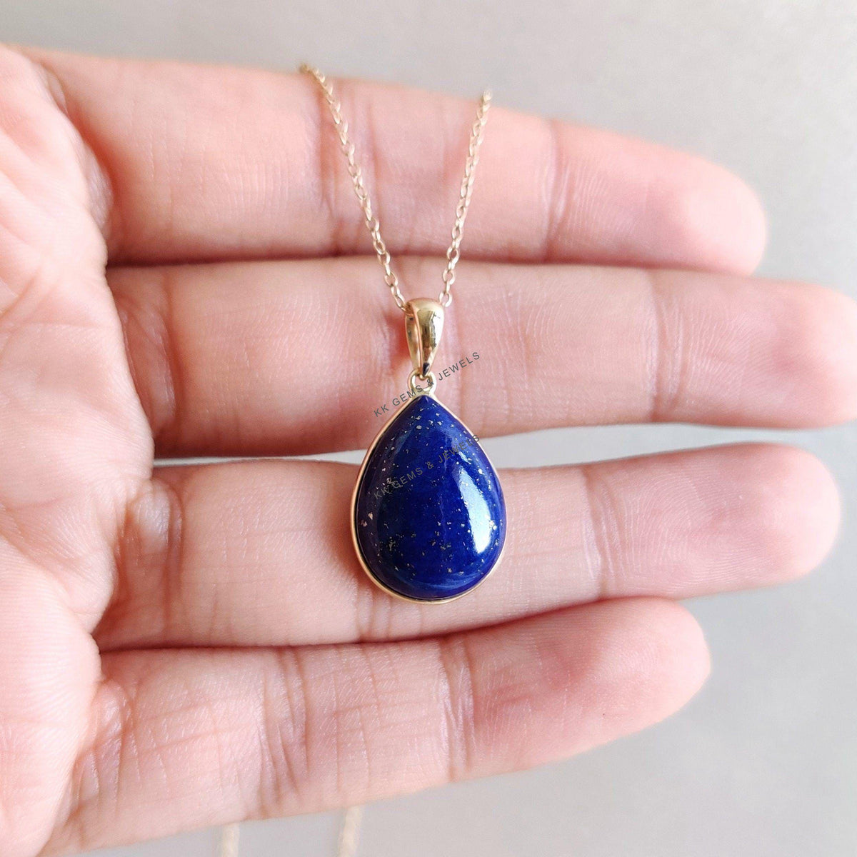 14K Solid Yellow Gold Natural Lapis Lazuli Pear Pendant, September Birthstone