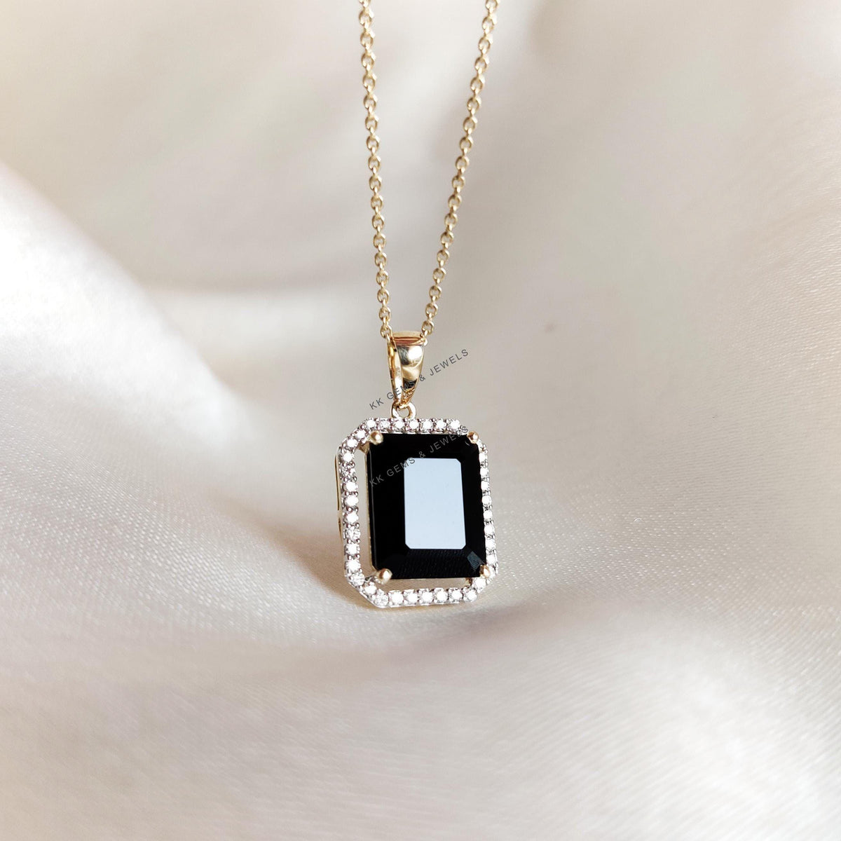 Natural Black Onyx & Diamond 14K Solid Yellow Gold Pendant - December Birthstone