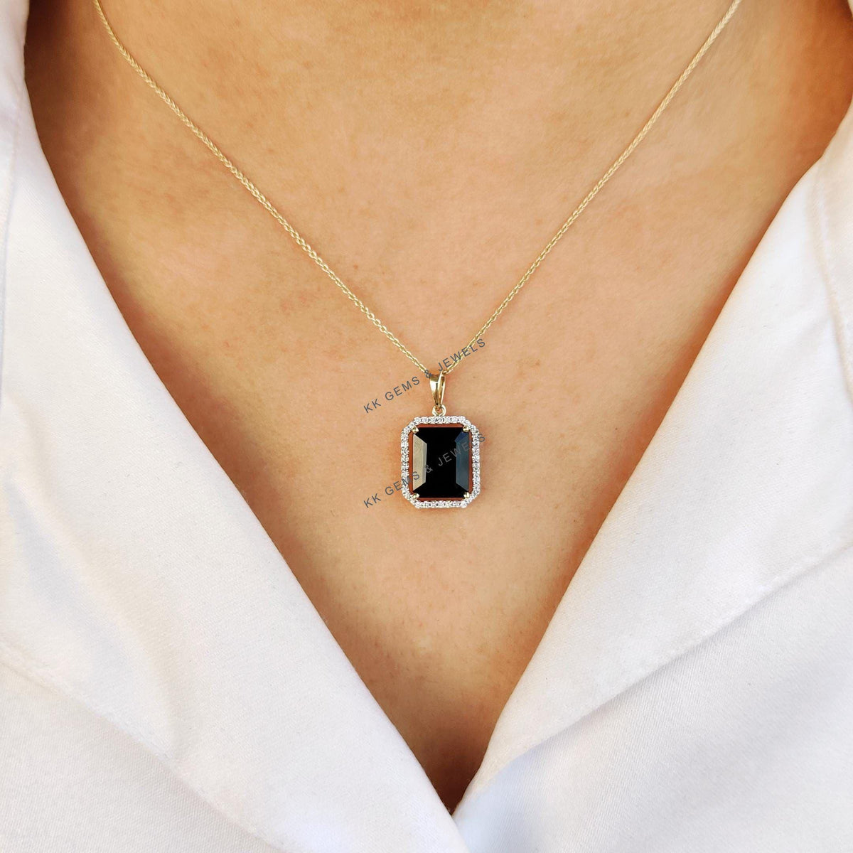Natural Black Onyx & Diamond 14K Solid Yellow Gold Pendant - December Birthstone