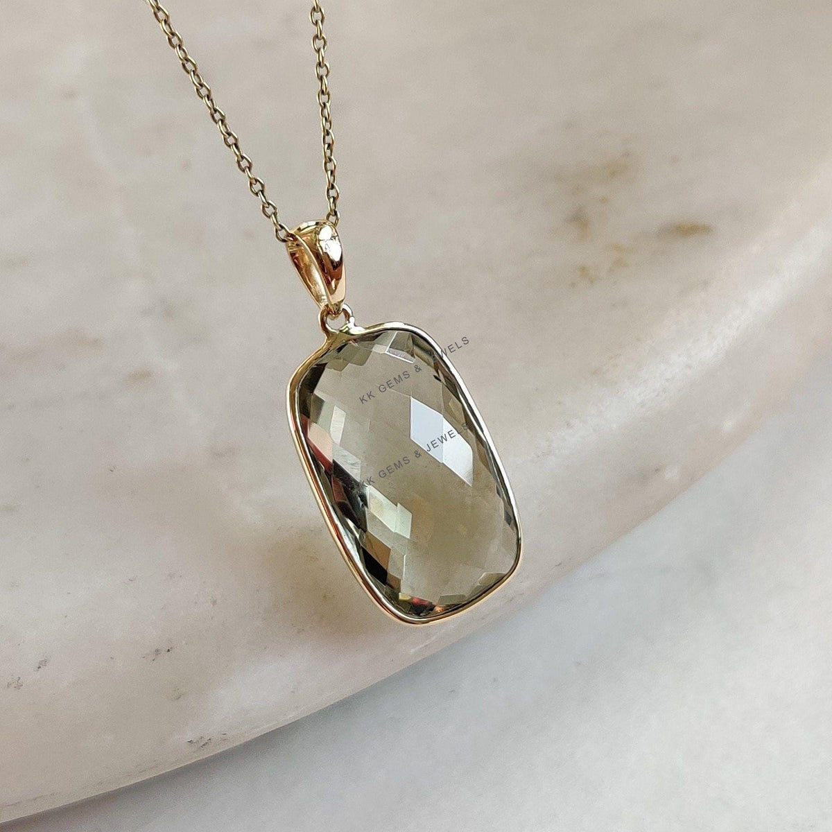 Natural Green Amethyst Pendant: 14K Solid Yellow Gold Bezel, February Birthstone