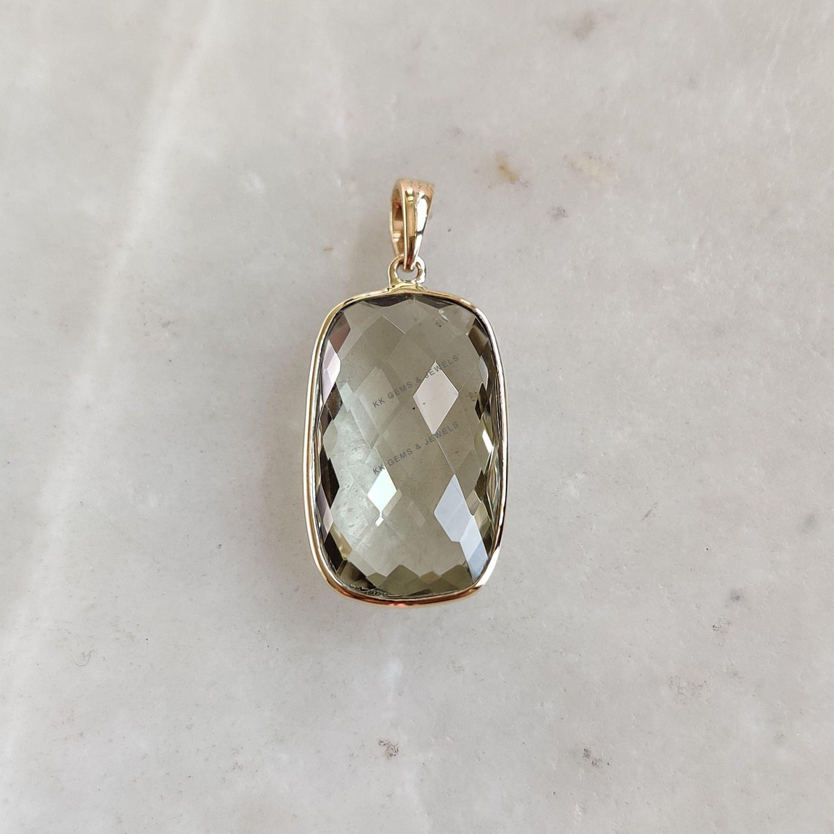 Natural Green Amethyst Pendant: 14K Solid Yellow Gold Bezel, February Birthstone