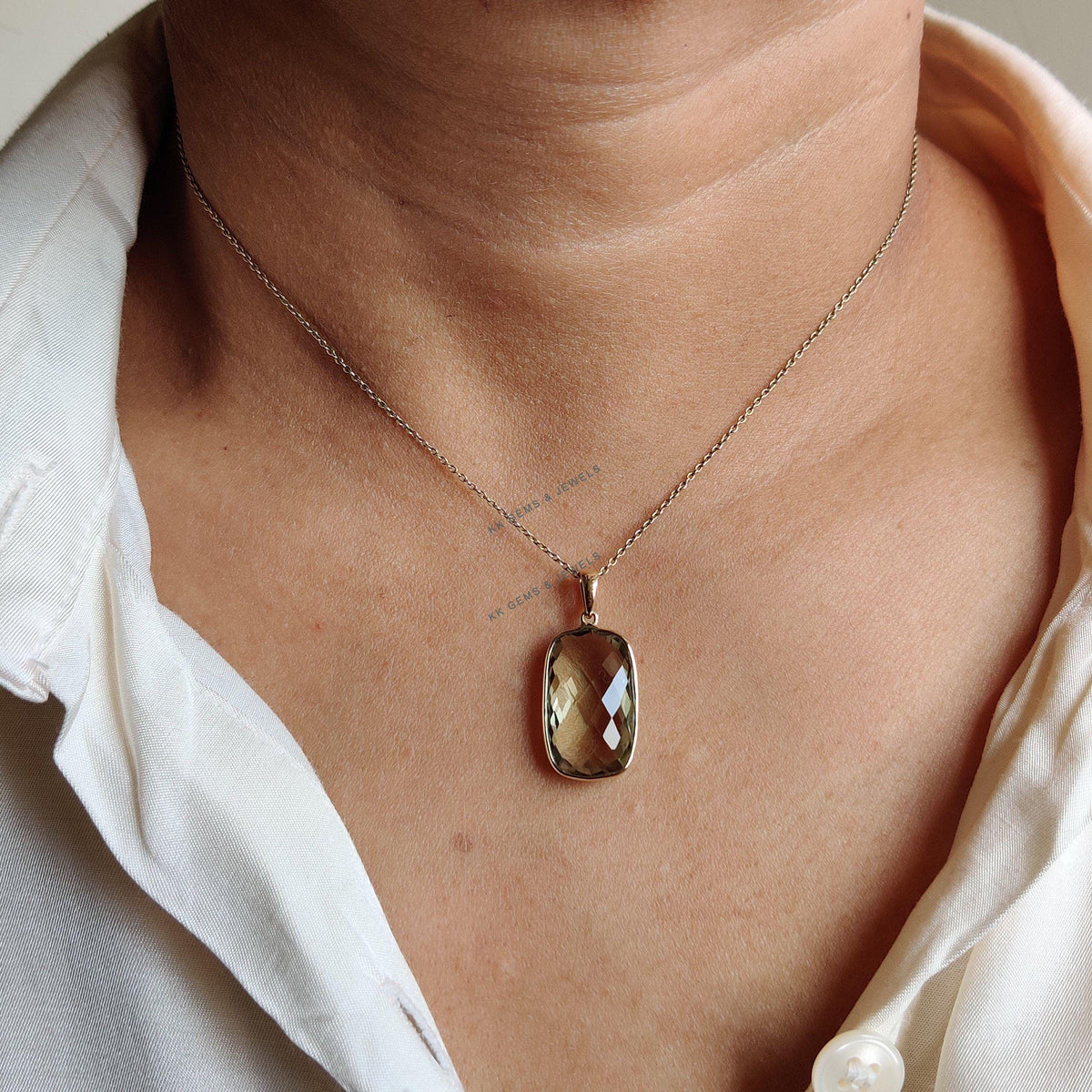 Natural Green Amethyst Pendant: 14K Solid Yellow Gold Bezel, February Birthstone