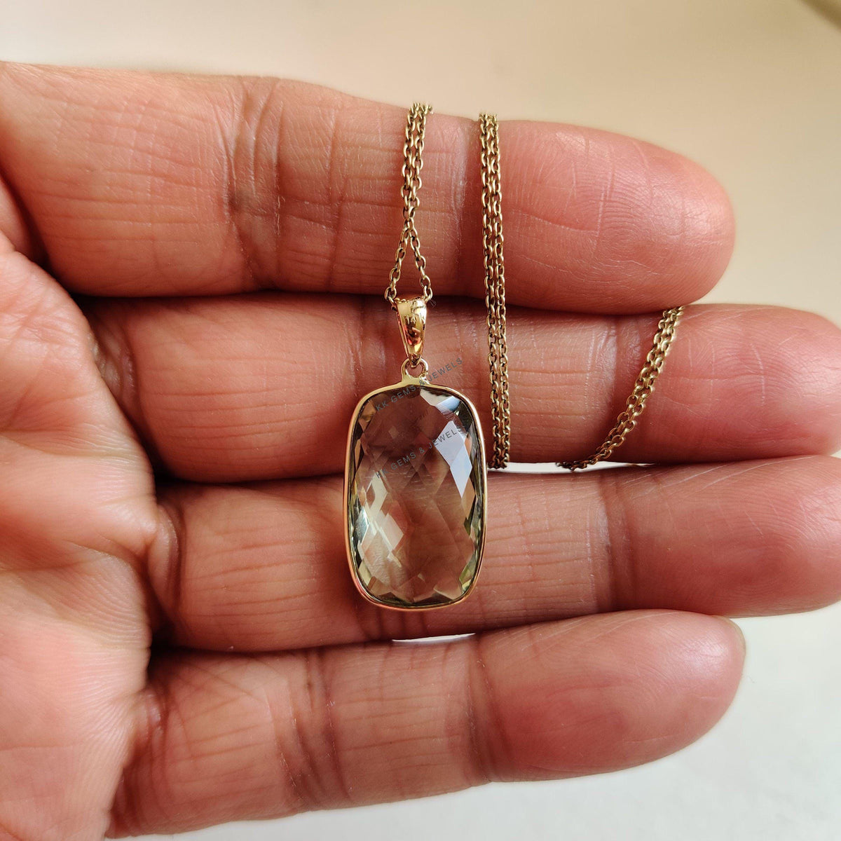 Natural Green Amethyst Pendant: 14K Solid Yellow Gold Bezel, February Birthstone