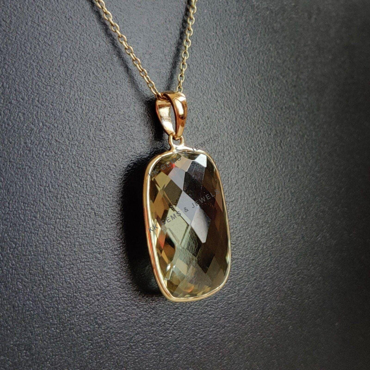 Natural Green Amethyst Pendant: 14K Solid Yellow Gold Bezel, February Birthstone