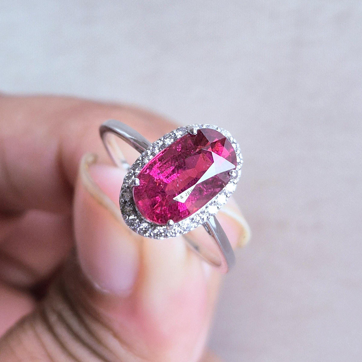 Natural Rubellite Tourmaline & Diamond Ring, 14K Solid White Gold, October Birthstone Wedding Jewelry