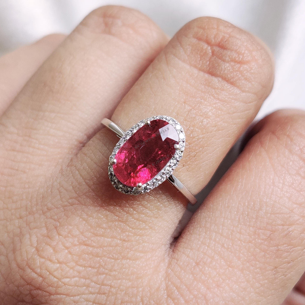 Natural Rubellite Tourmaline & Diamond Ring, 14K Solid White Gold, October Birthstone Wedding Jewelry