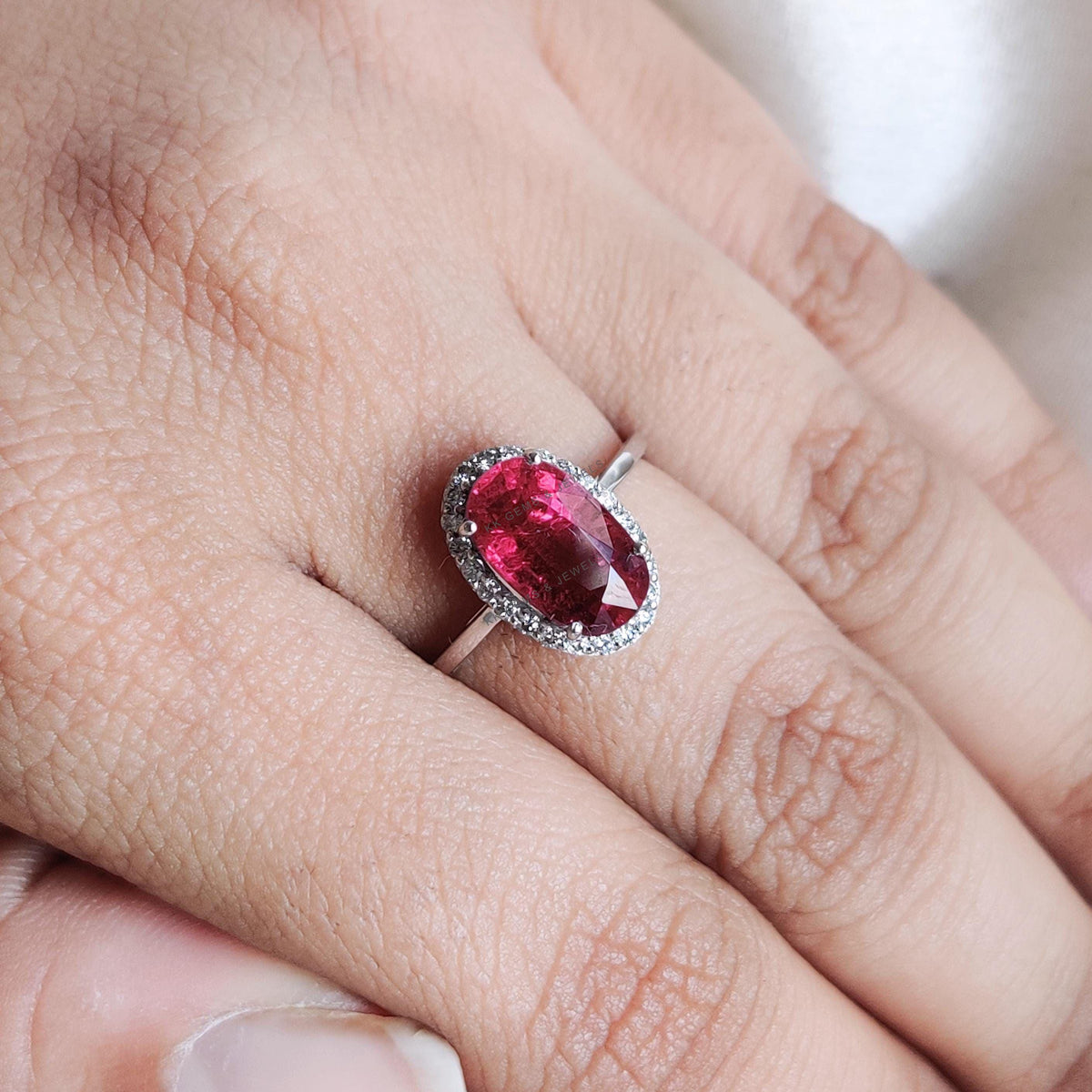 Natural Rubellite Tourmaline & Diamond Ring, 14K Solid White Gold, October Birthstone Wedding Jewelry