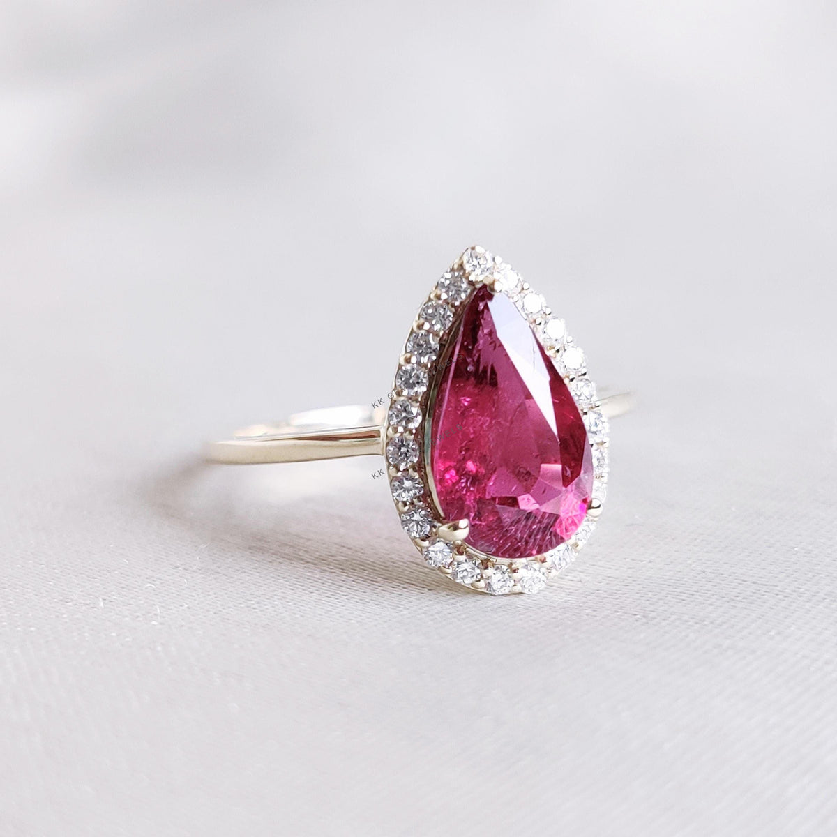 Natural Rubellite Tourmaline & Diamond 14K Solid Yellow Gold Ring, October Birthstone, Wedding Gift