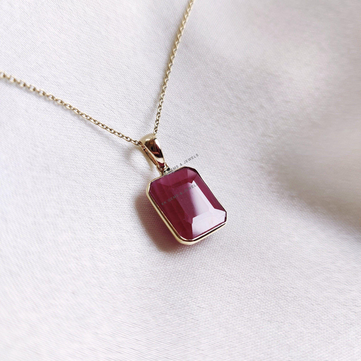 14K Solid Yellow Gold Octagon Natural Ruby Pendant, July Birthstone