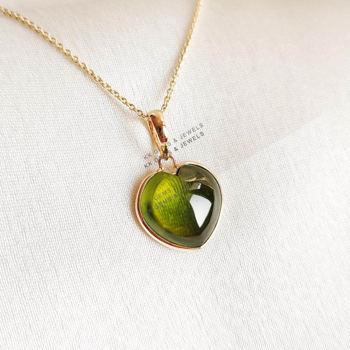 14K Solid Yellow Gold Natural Peridot Heart Pendant, August Birthstone