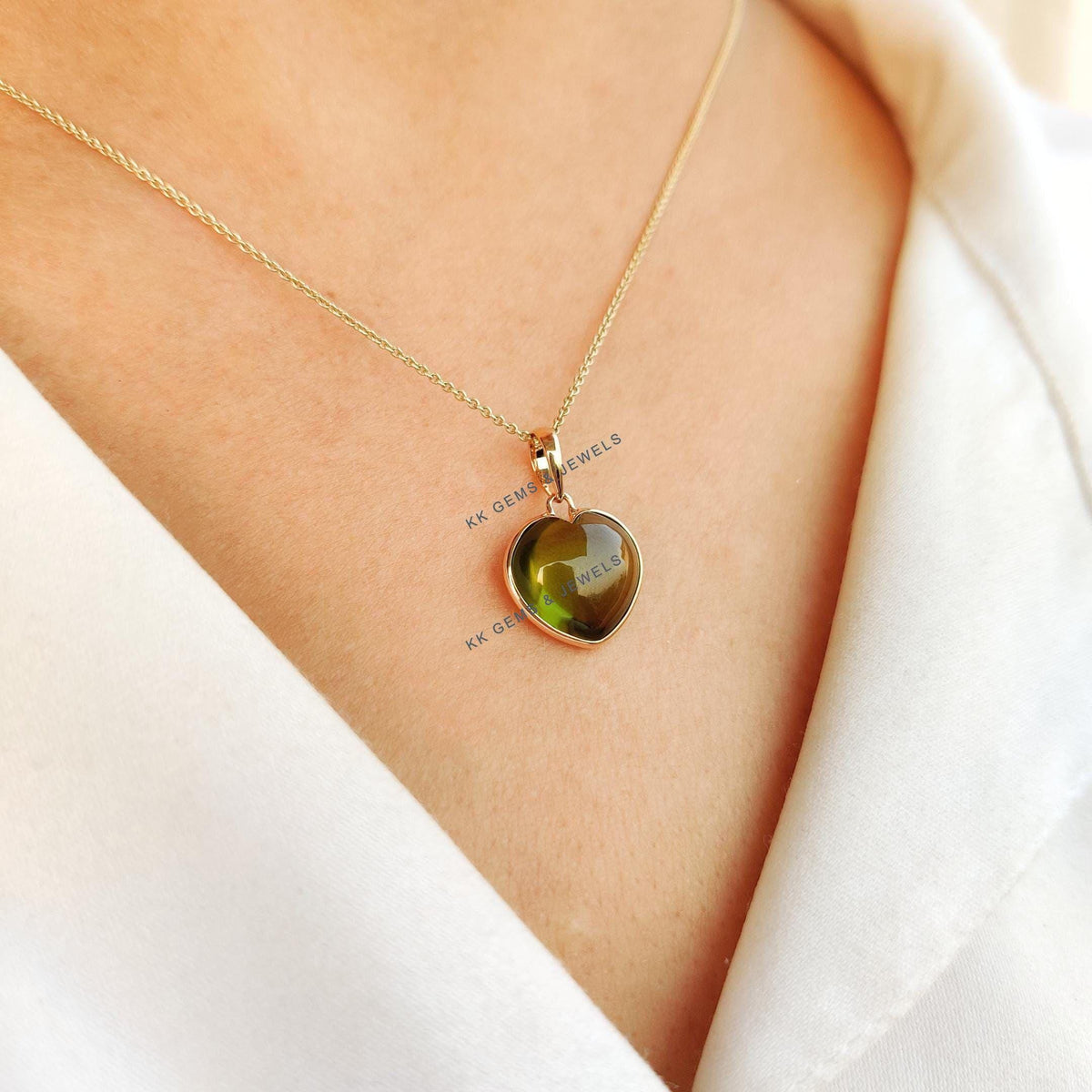 14K Solid Yellow Gold Natural Peridot Heart Pendant, August Birthstone