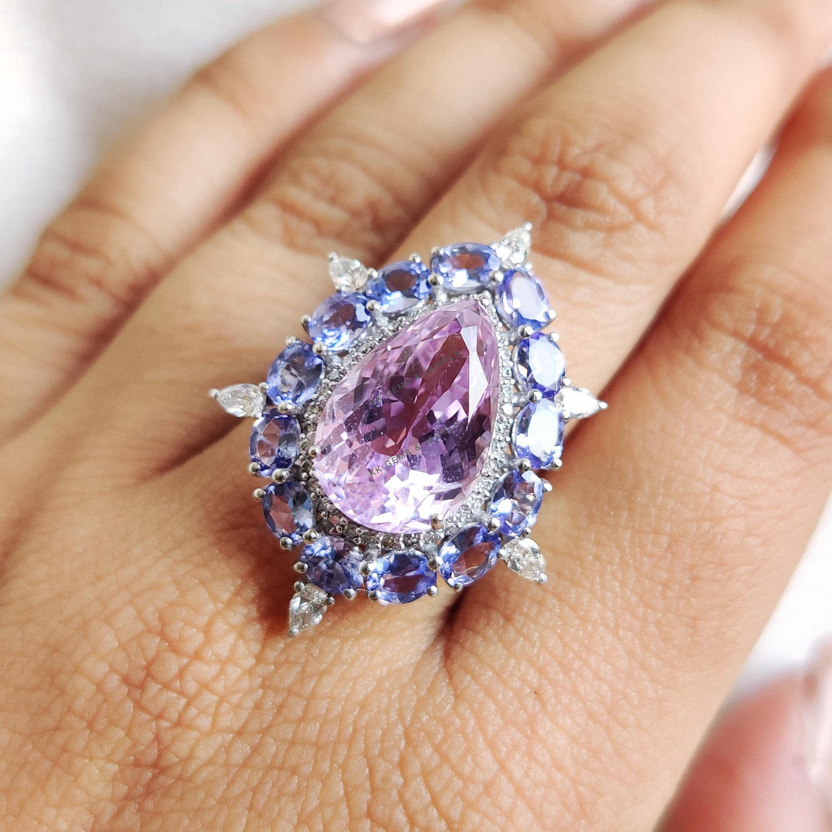 Natural Kunzite & Tanzanite and Diamond Ring, 14K Solid White Gold Statement Wedding Ring