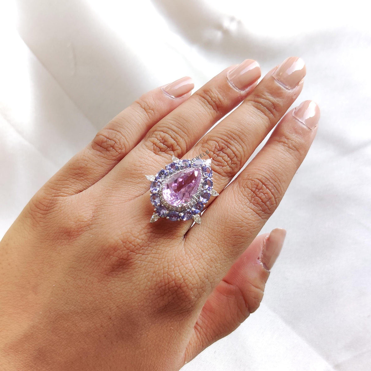 Natural Kunzite & Tanzanite and Diamond Ring, 14K Solid White Gold Statement Wedding Ring
