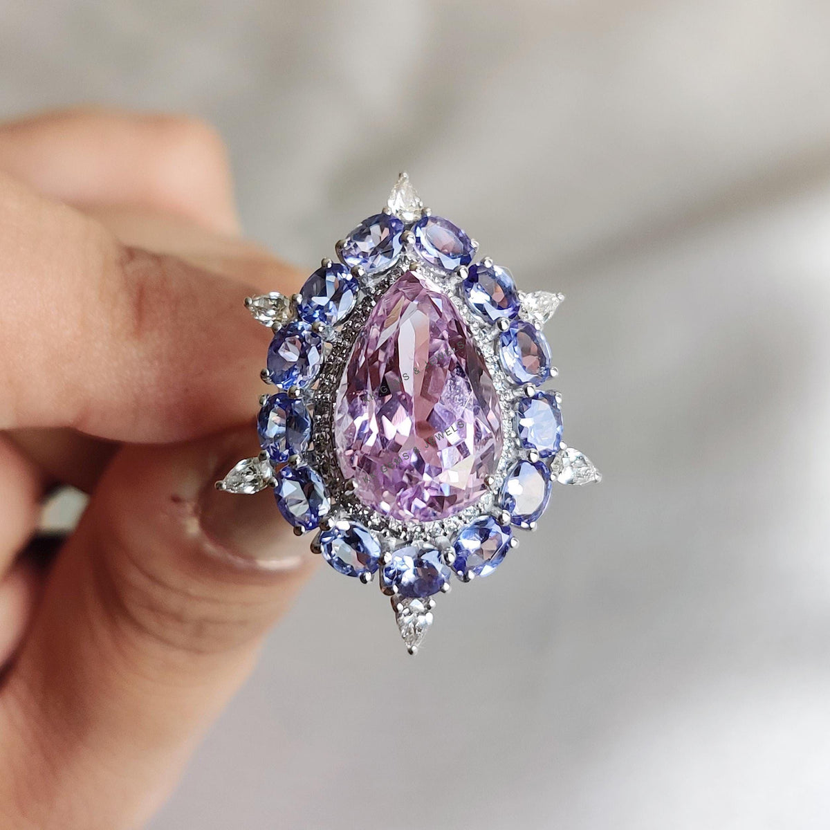 Natural Kunzite & Tanzanite and Diamond Ring, 14K Solid White Gold Statement Wedding Ring