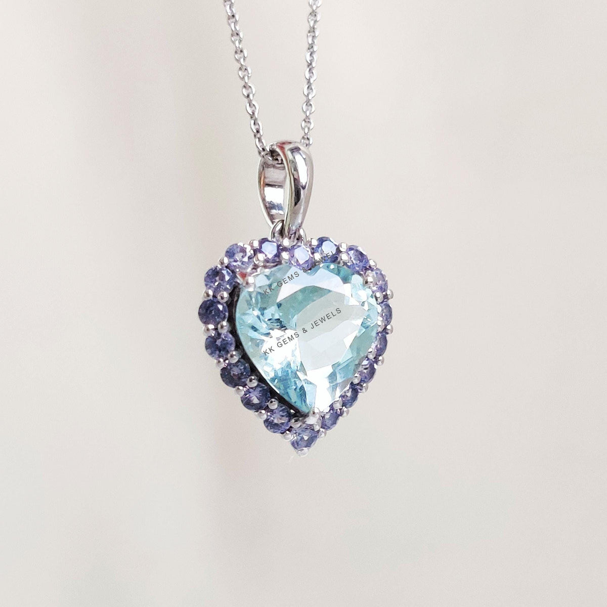 Heart Natural Aquamarine & Tanzanite Pendant, 14K Solid White Gold Valentine Jewelry