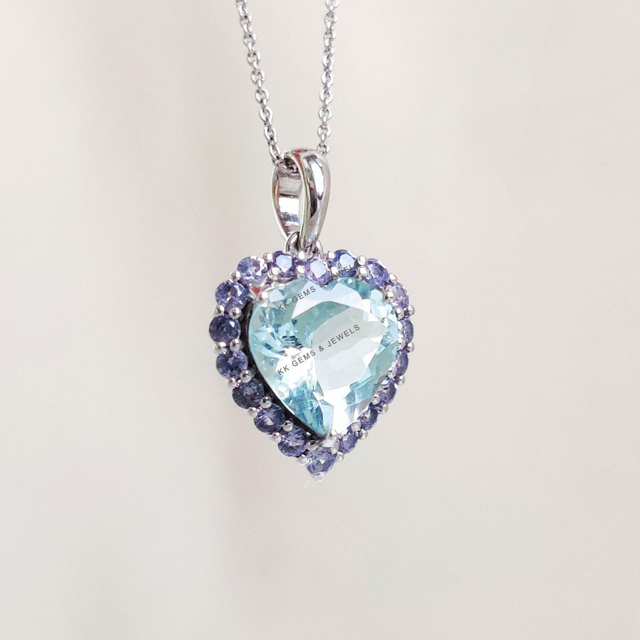 Heart Natural Aquamarine & Tanzanite Pendant, 14K Solid White Gold Valentine Jewelry