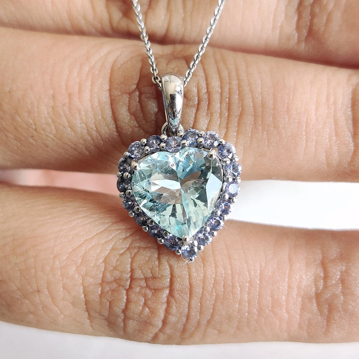Heart Natural Aquamarine & Tanzanite Pendant, 14K Solid White Gold Valentine Jewelry