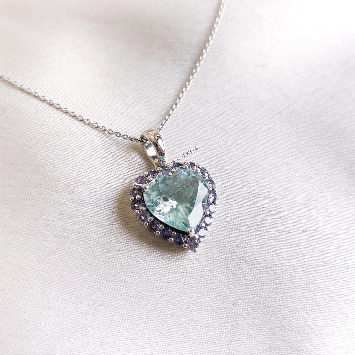 Heart Natural Aquamarine & Tanzanite Pendant, 14K Solid White Gold Valentine Jewelry