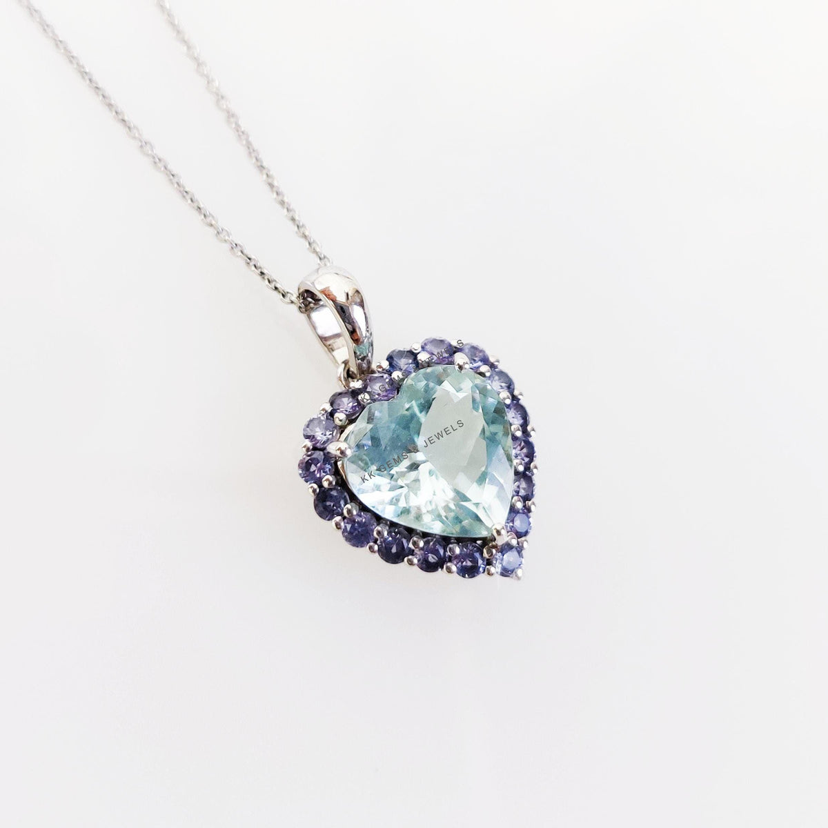 Heart Natural Aquamarine & Tanzanite Pendant, 14K Solid White Gold Valentine Jewelry