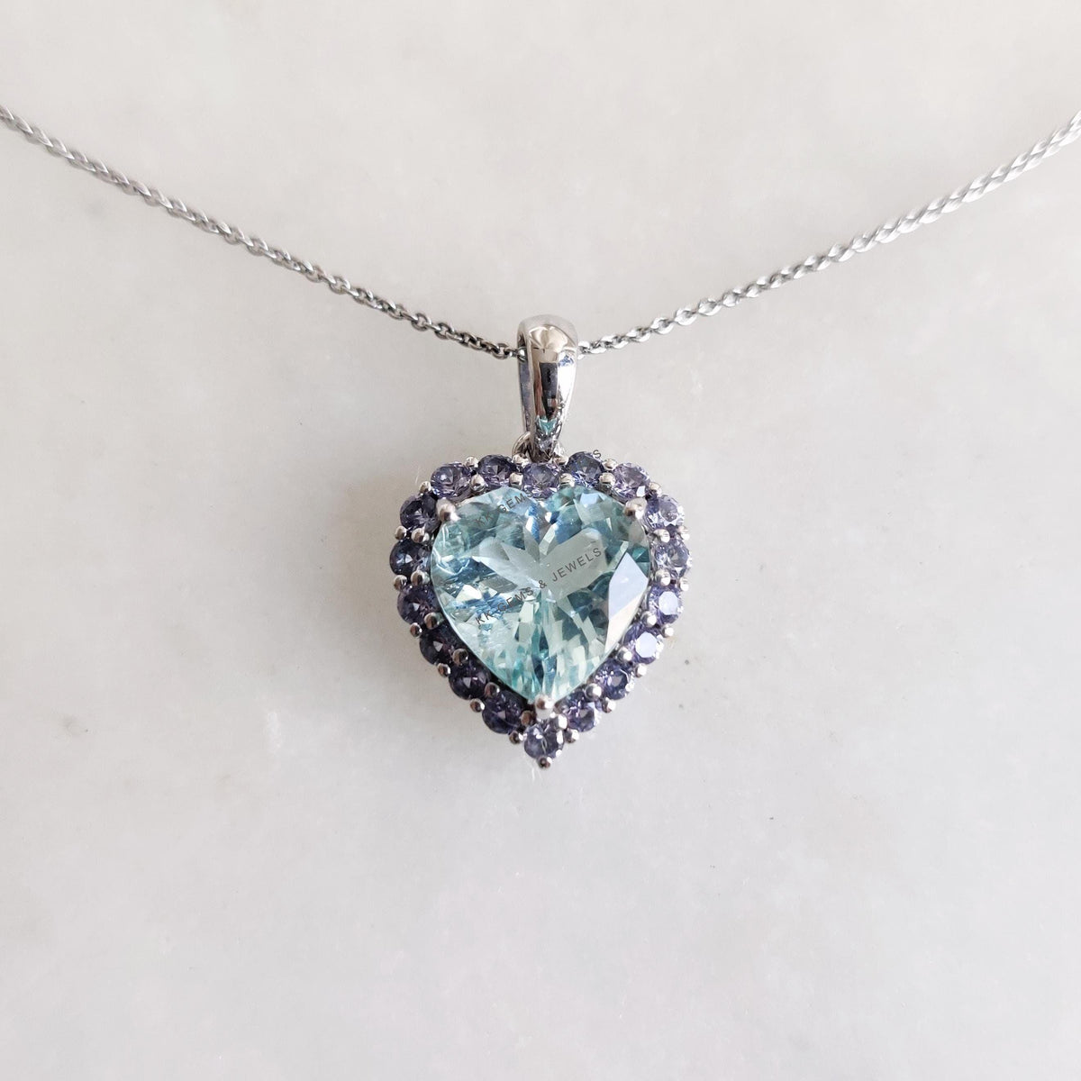 Heart Natural Aquamarine & Tanzanite Pendant, 14K Solid White Gold Valentine Jewelry