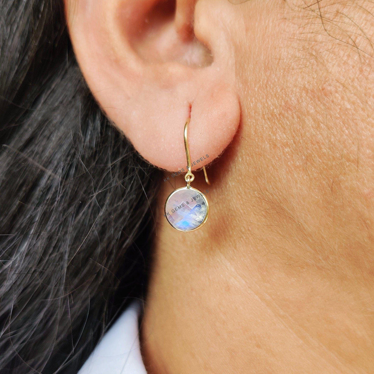 14K Solid Yellow Gold Natural Rainbow Moonstone Drop Earrings, June Birthstone