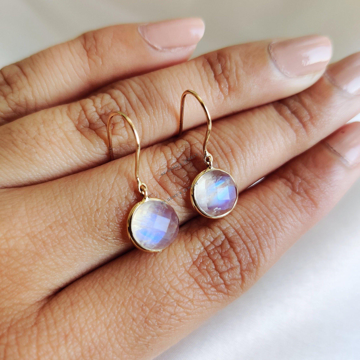 14K Solid Yellow Gold Natural Rainbow Moonstone Drop Earrings, June Birthstone