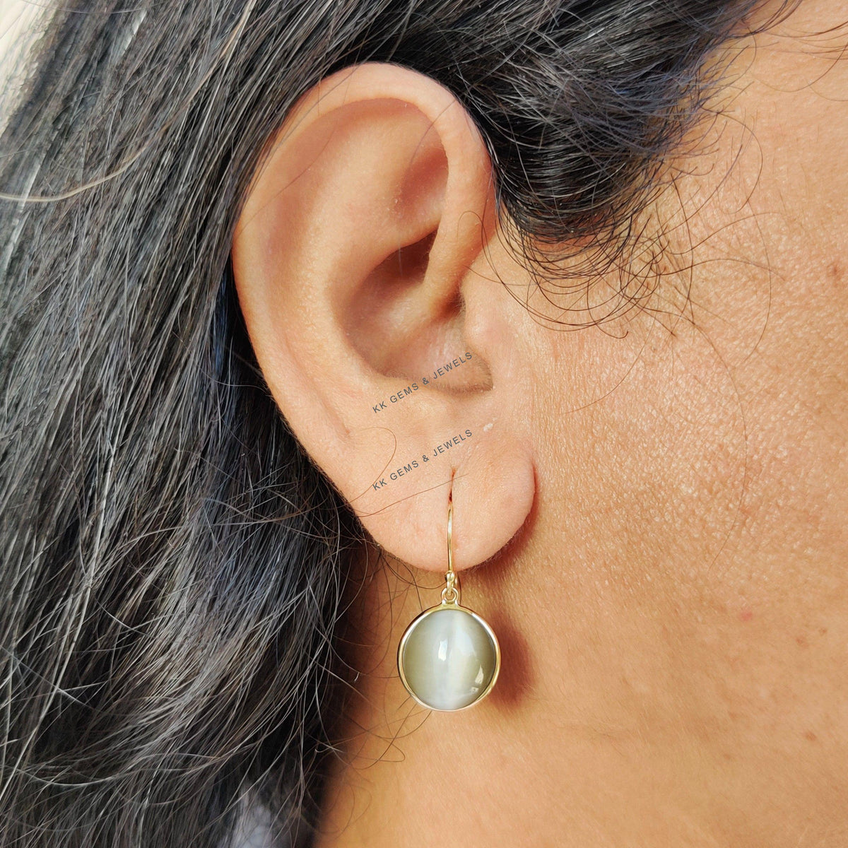 Natural Cat's Eye 14K Solid Yellow Gold Bezel Earring, June Birthstone,