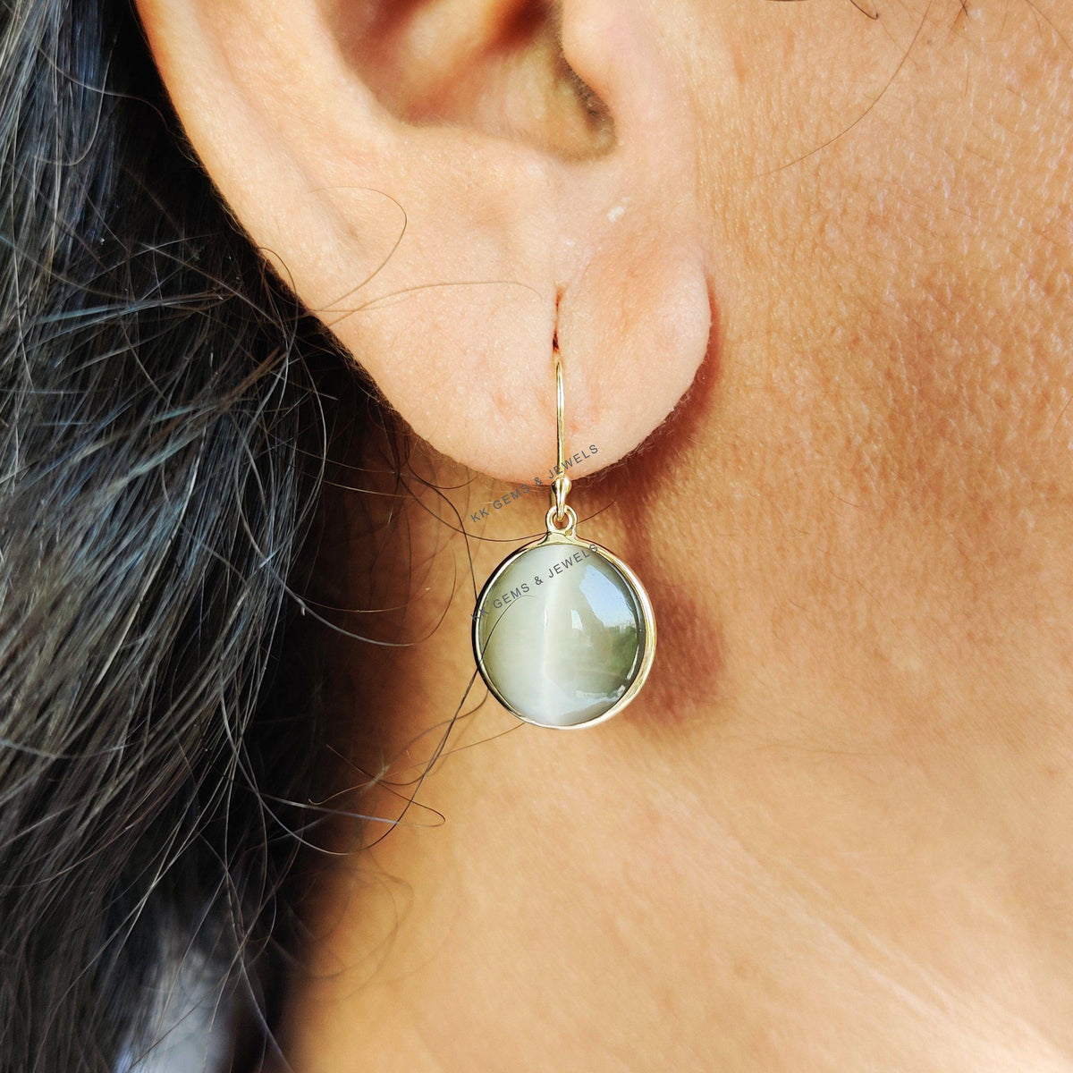Natural Cat's Eye 14K Solid Yellow Gold Bezel Earring, June Birthstone,