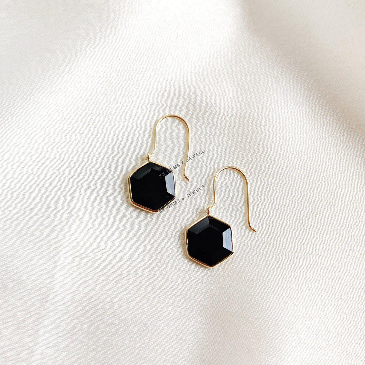 Natural Black Onyx Hexagon 14K Solid Yellow Gold Earrings, December Birthstone Earrings,