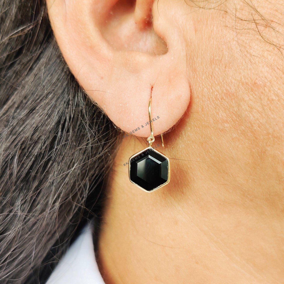 Natural Black Onyx Hexagon 14K Solid Yellow Gold Earrings, December Birthstone Earrings,