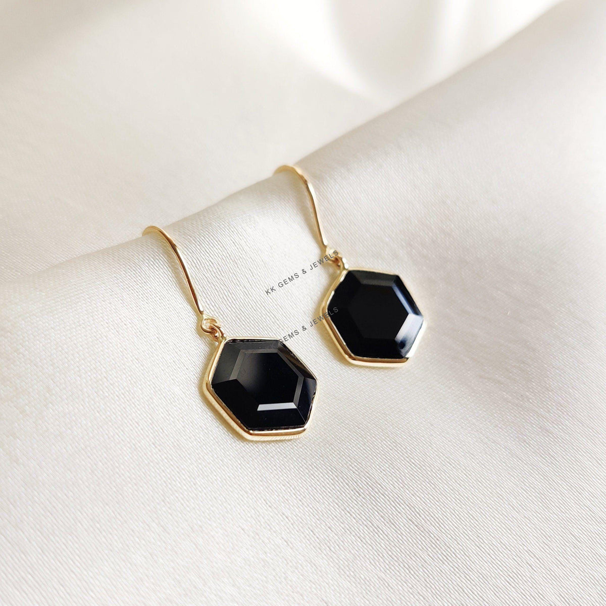 Natural Black Onyx Hexagon 14K Solid Yellow Gold Earrings, December Birthstone Earrings,