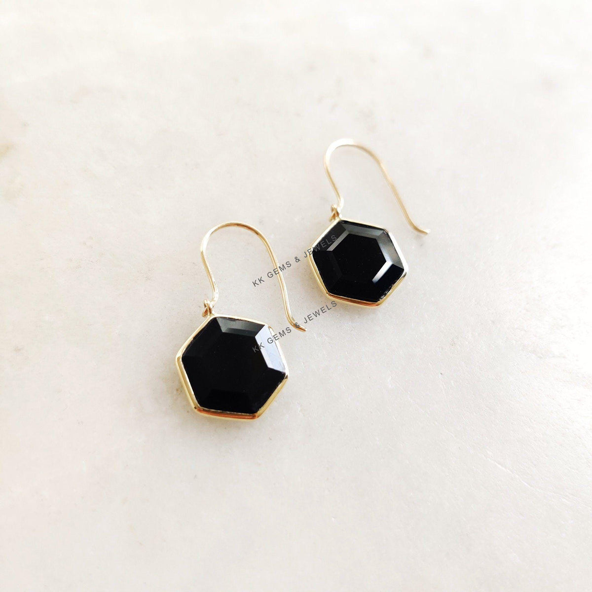 Natural Black Onyx Hexagon 14K Solid Yellow Gold Earrings, December Birthstone Earrings,