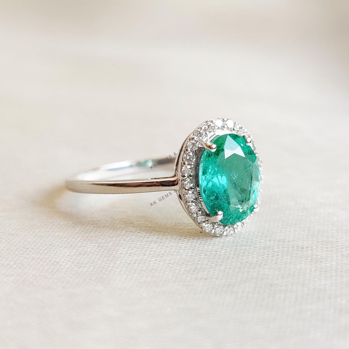Natural Emerald & Diamond Ring, 14K Solid White Gold, May Birthstone