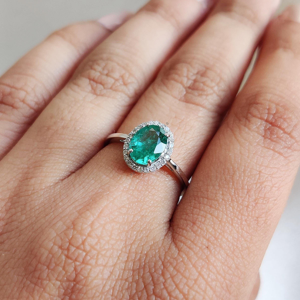 Natural Emerald & Diamond Ring, 14K Solid White Gold, May Birthstone
