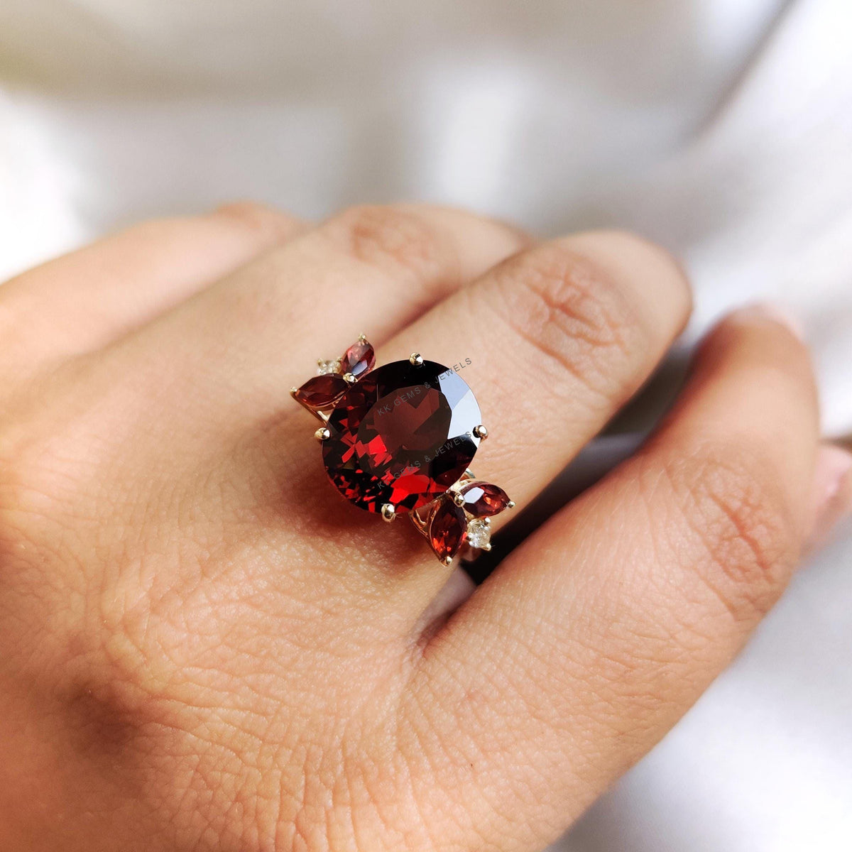14K Solid Yellow Gold Natural Garnet and Diamond Ring, January Birthstone Statement Ring