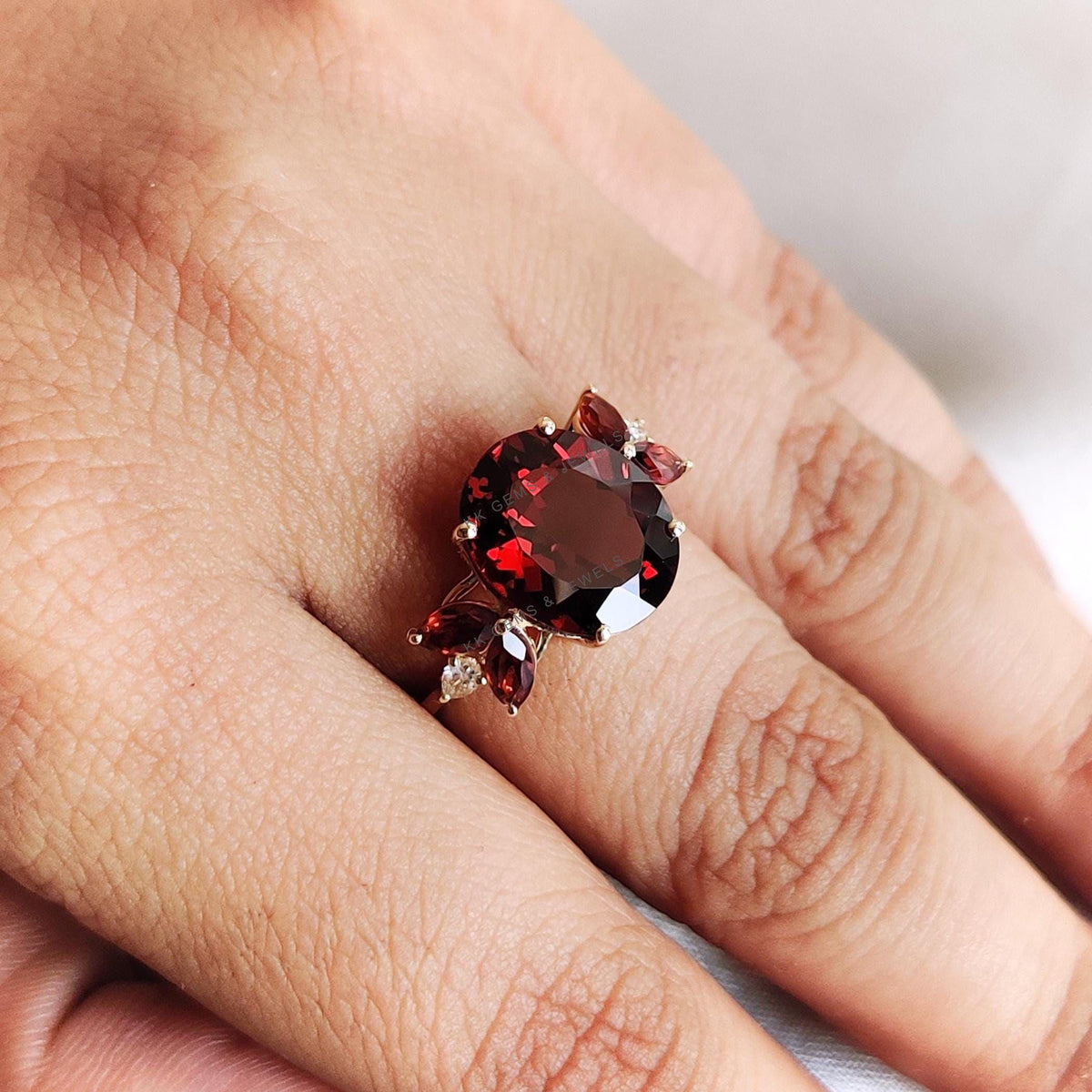 14K Solid Yellow Gold Natural Garnet and Diamond Ring, January Birthstone Statement Ring