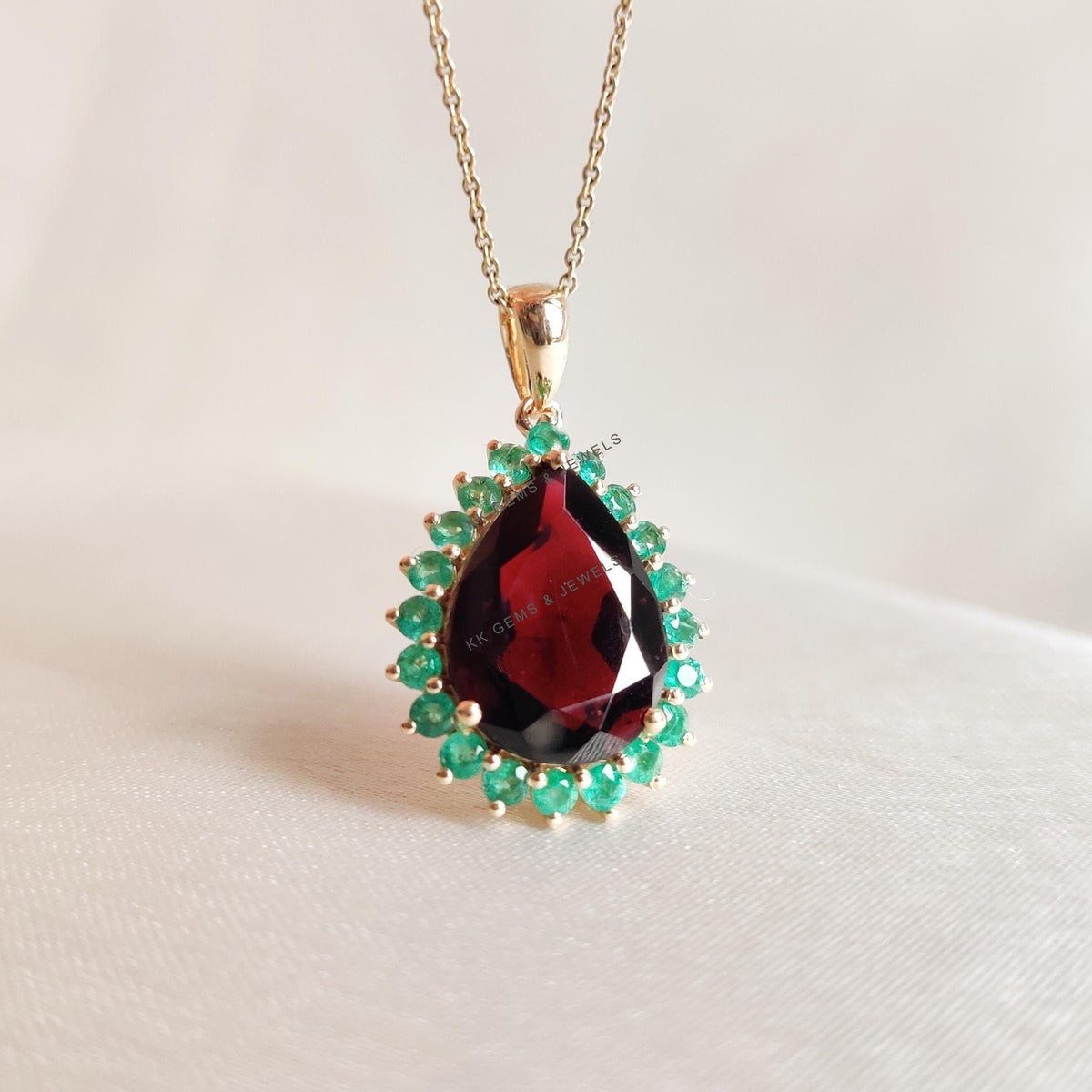 Natural Garnet & Emerald 14K Solid Yellow Gold Pendant, January and May Birthstone