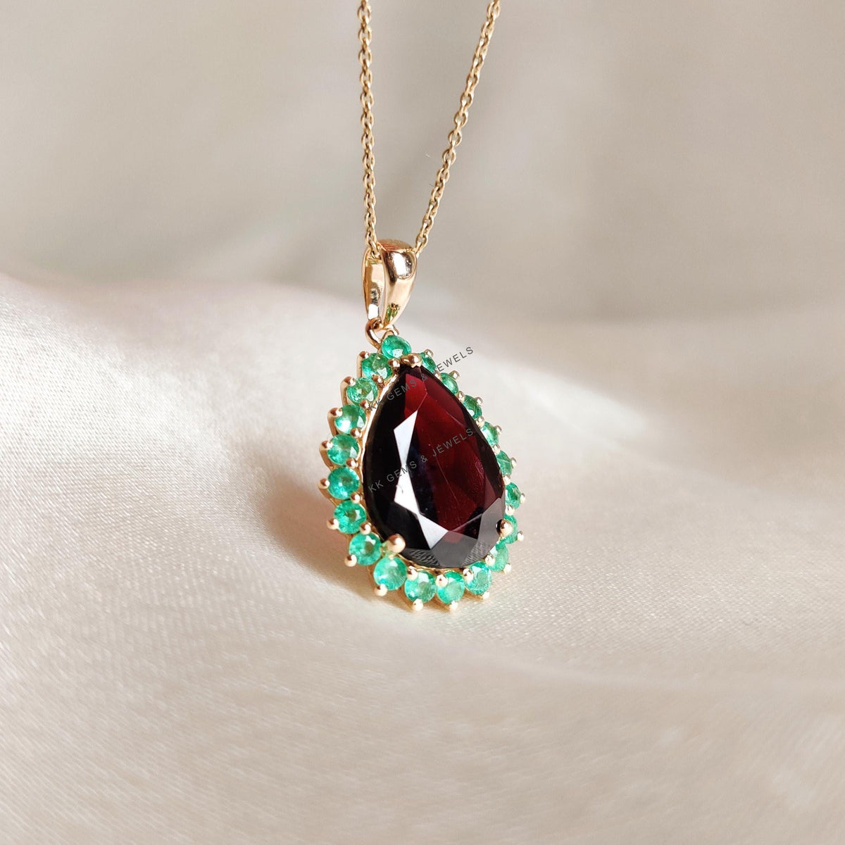 Natural Garnet & Emerald 14K Solid Yellow Gold Pendant, January and May Birthstone