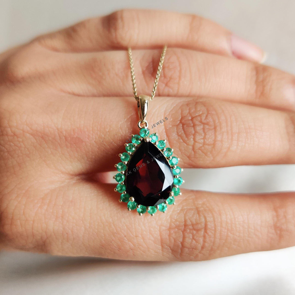 Natural Garnet & Emerald 14K Solid Yellow Gold Pendant, January and May Birthstone