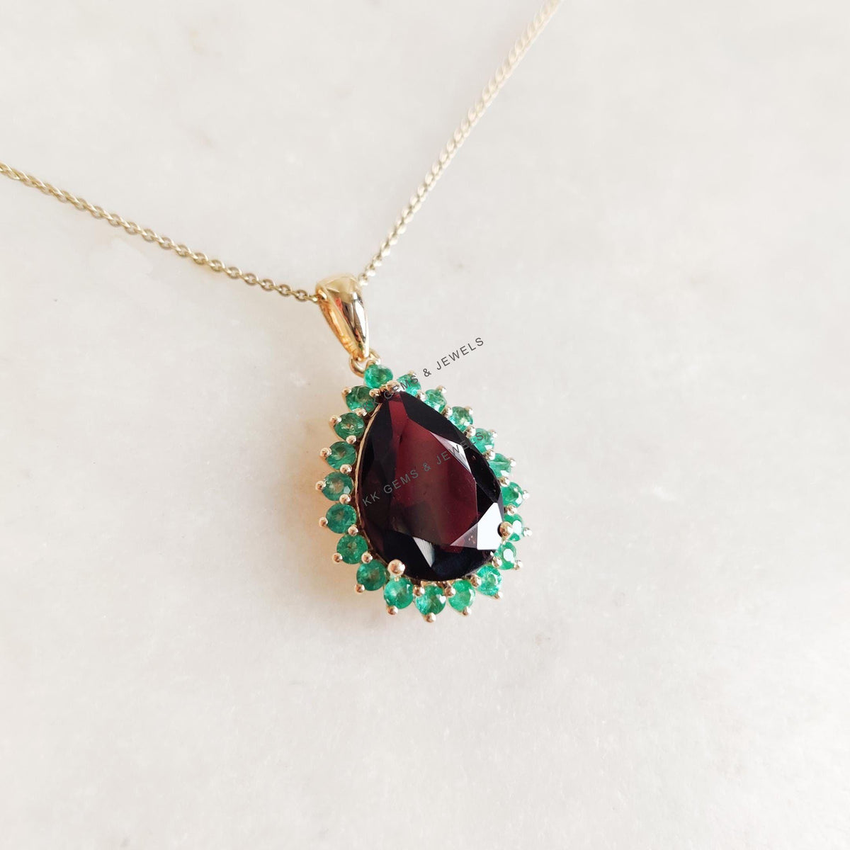 Natural Garnet & Emerald 14K Solid Yellow Gold Pendant, January and May Birthstone