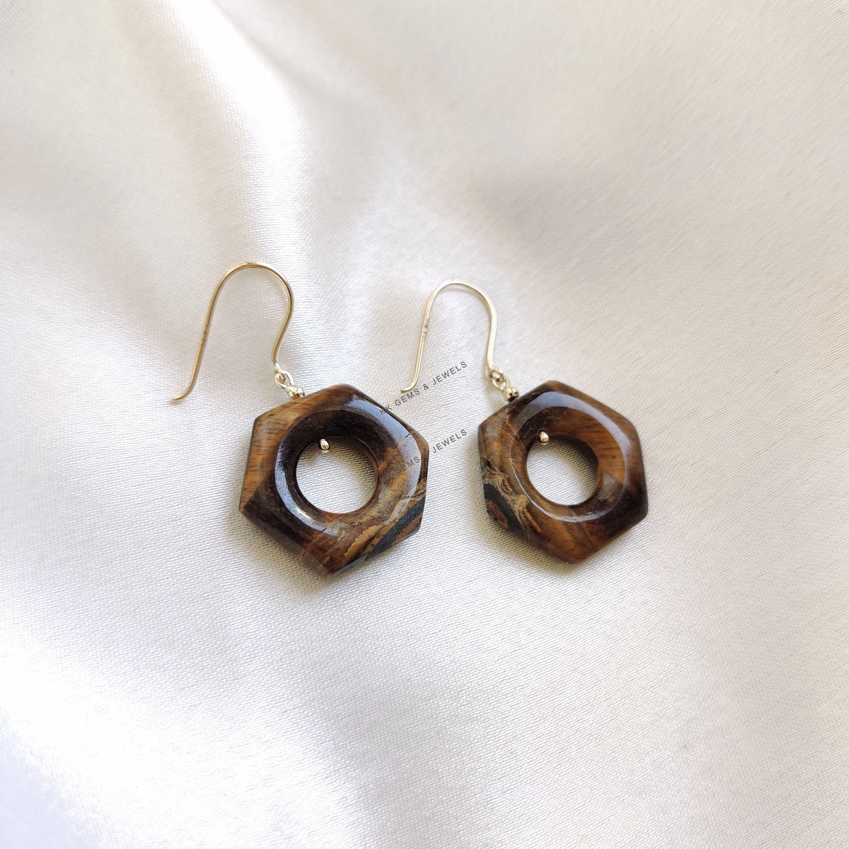 Natural Tiger Eye 14K Solid Yellow Gold Earrings, June Birthstone, Hexagon Earrings