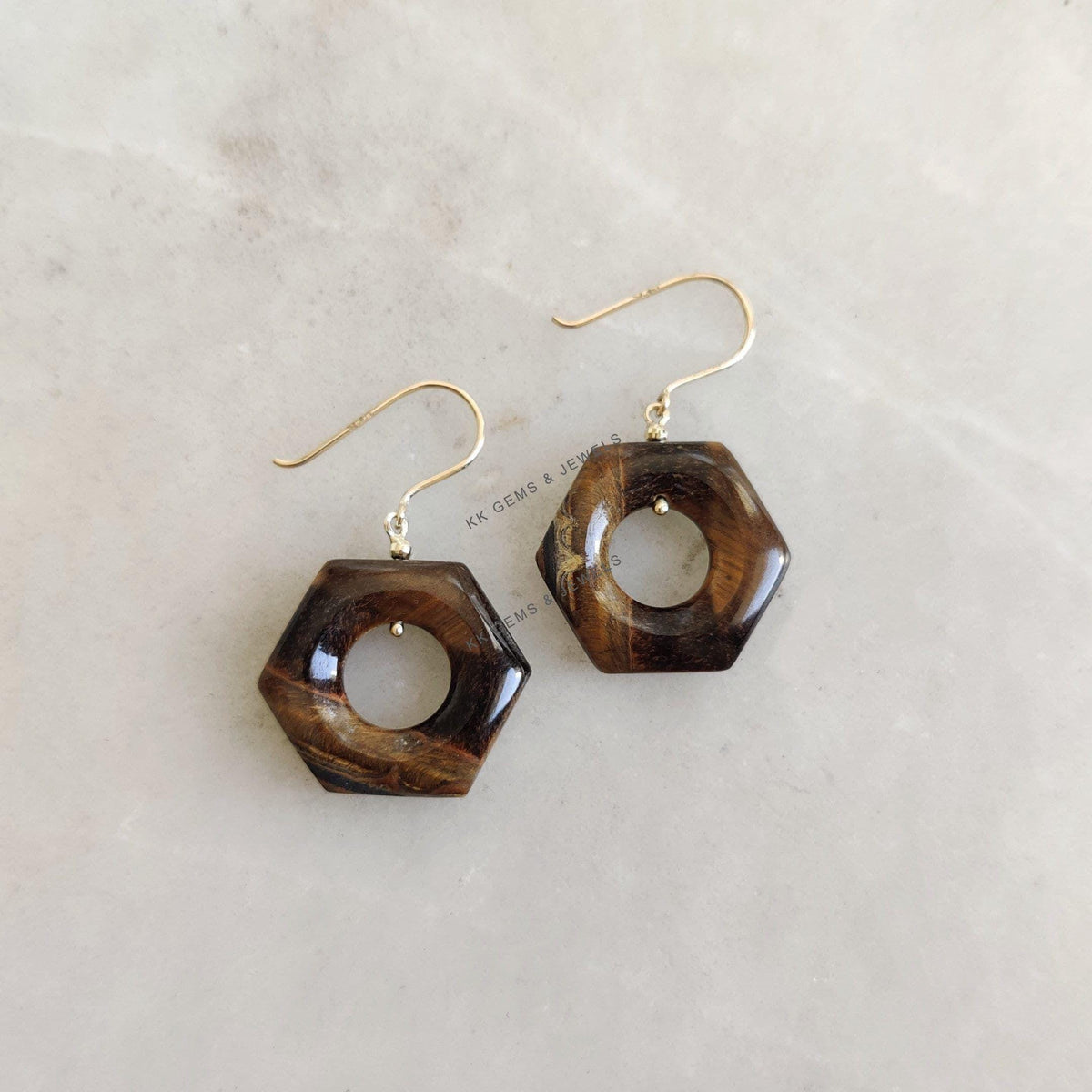 Natural Tiger Eye 14K Solid Yellow Gold Earrings, June Birthstone, Hexagon Earrings