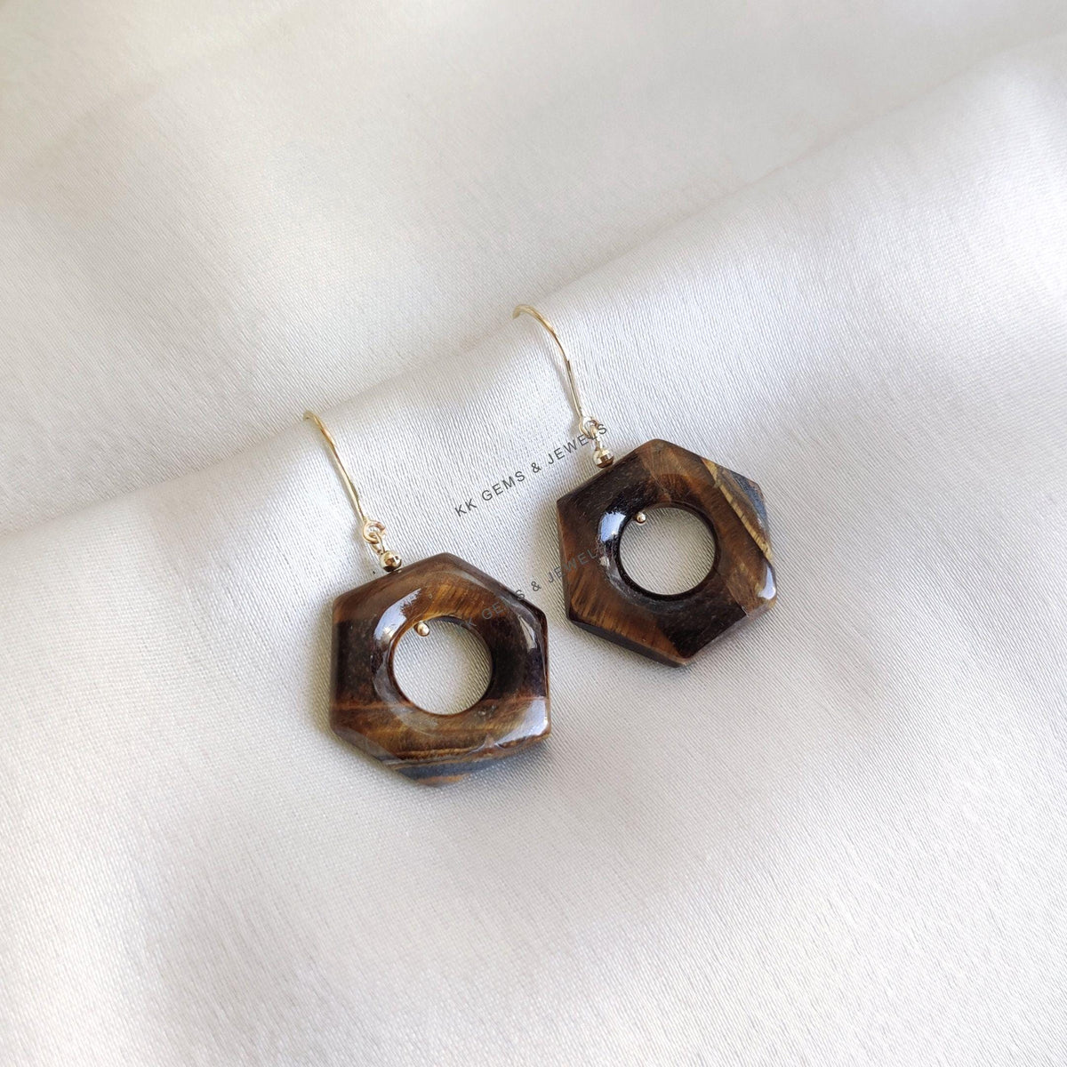 Natural Tiger Eye 14K Solid Yellow Gold Earrings, June Birthstone, Hexagon Earrings