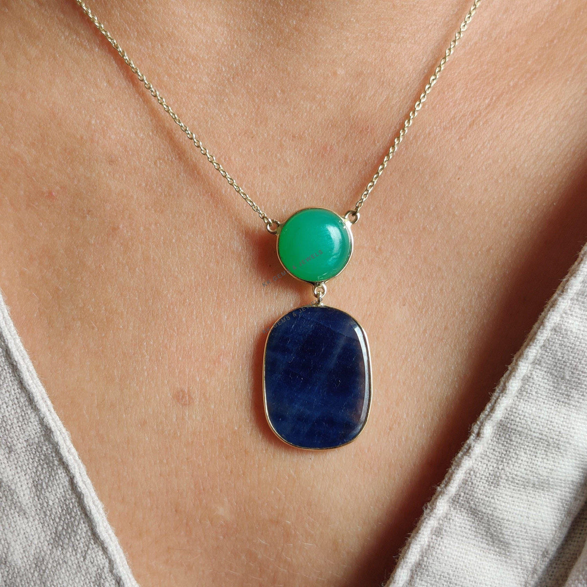 Natural Blue Sapphire & Chrysoprase 14K Solid Yellow Gold Necklace
