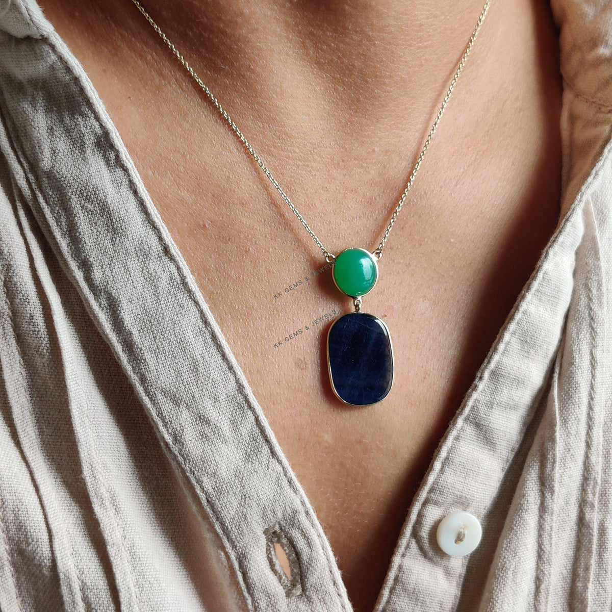 Natural Blue Sapphire & Chrysoprase 14K Solid Yellow Gold Necklace