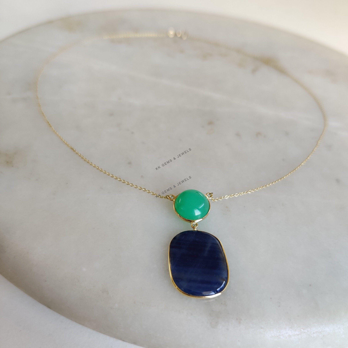 Natural Blue Sapphire & Chrysoprase 14K Solid Yellow Gold Necklace