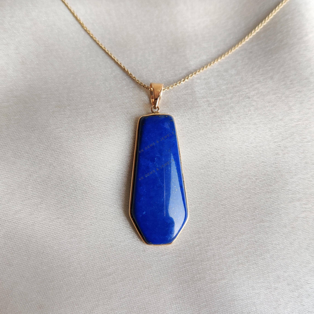 14K Solid Yellow Gold Natural Lapis Lazuli Fancy Pendant, September Birthstone