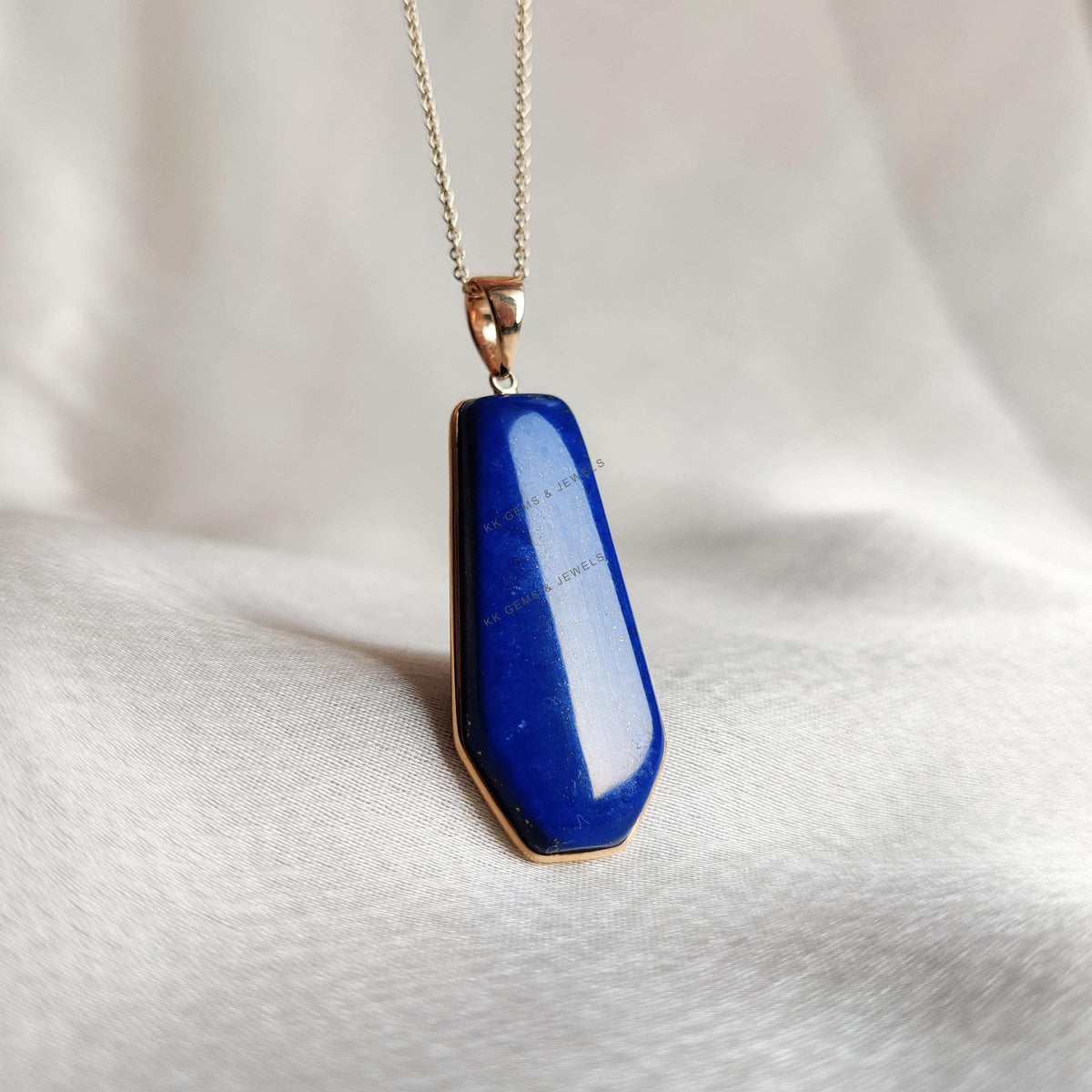14K Solid Yellow Gold Natural Lapis Lazuli Fancy Pendant, September Birthstone