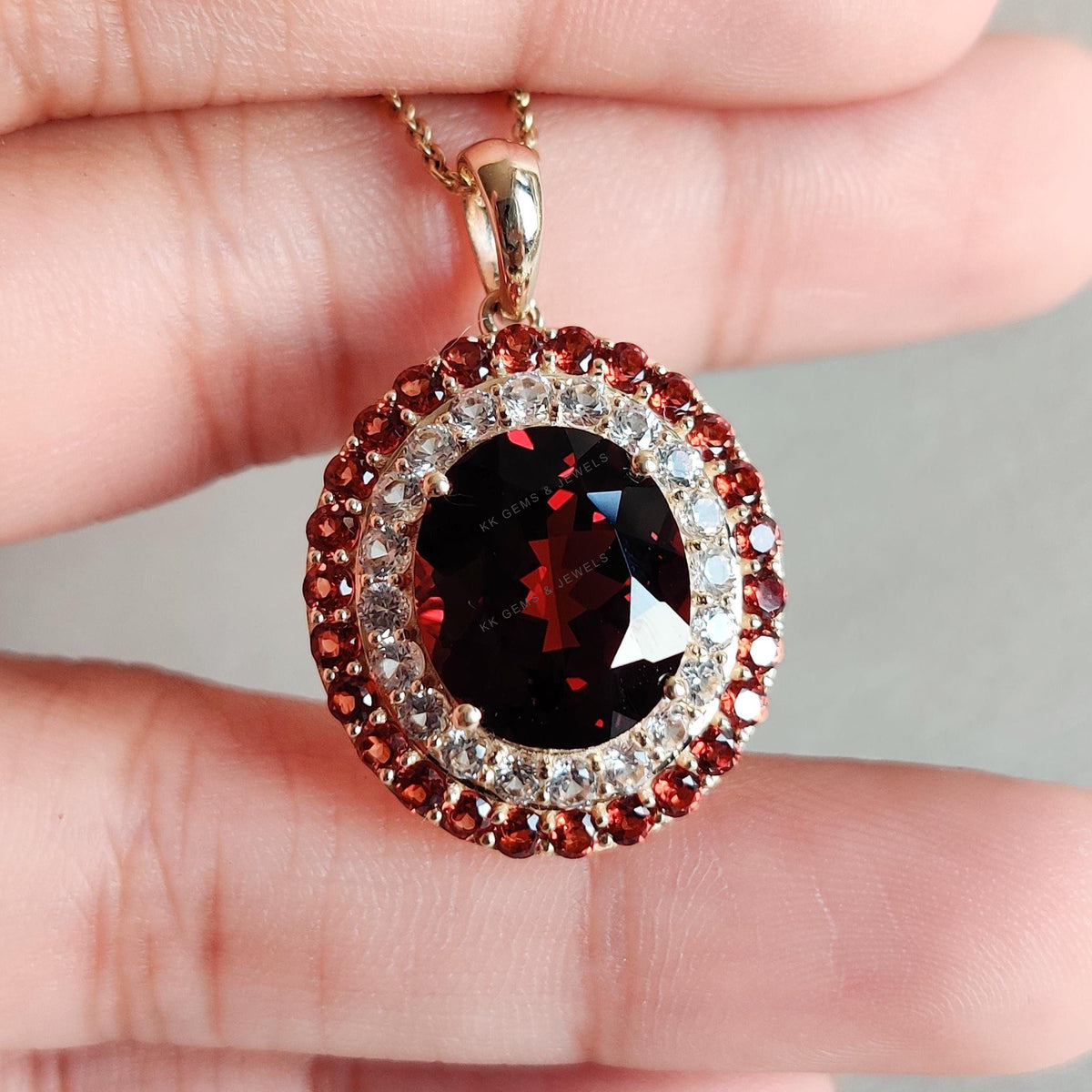 Natural Garnet & White Sapphire 14K Solid Yellow Gold Pendant, September Birthstone